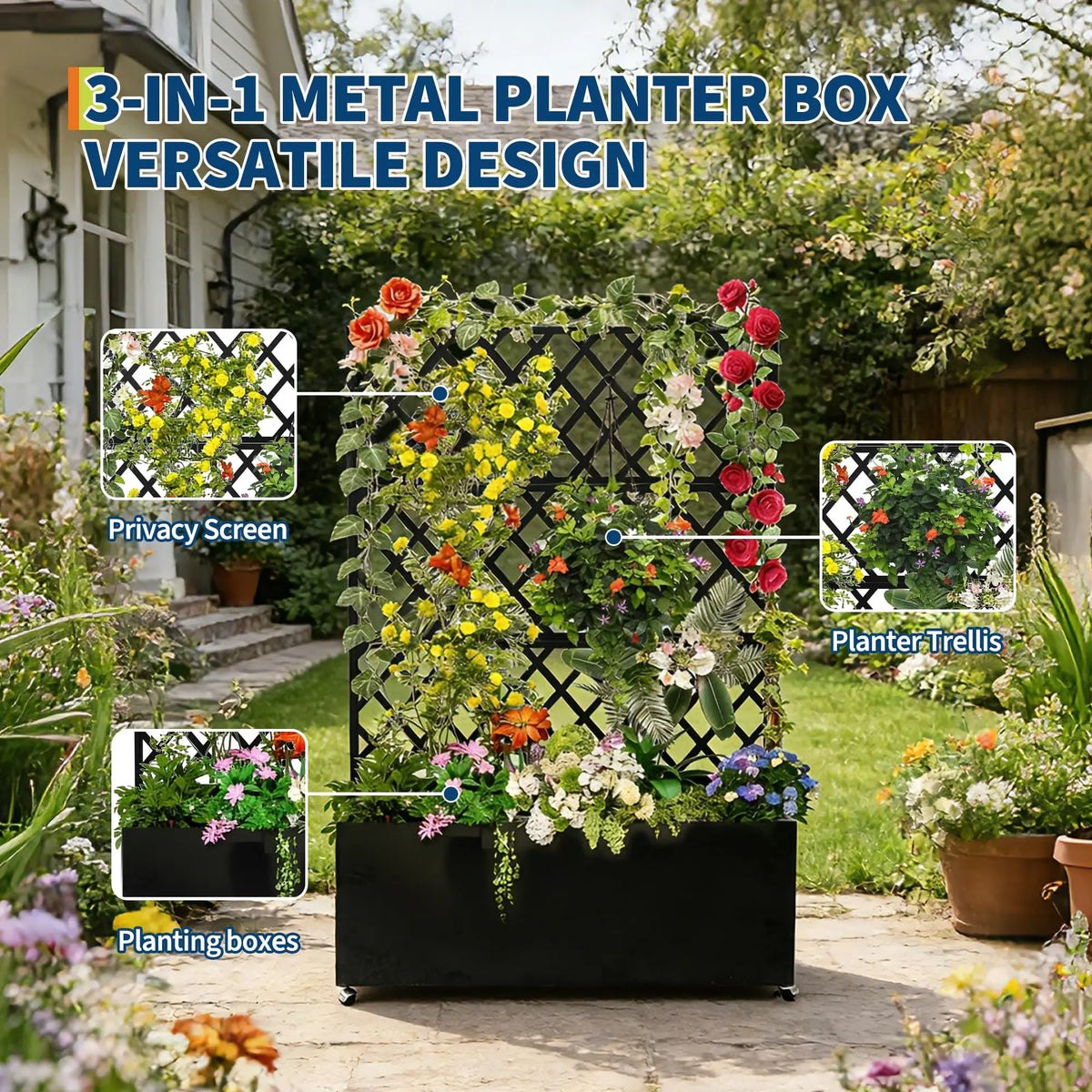 HiMISS Galvanized Steel Rolling Garden Planter With Privacy Trellis