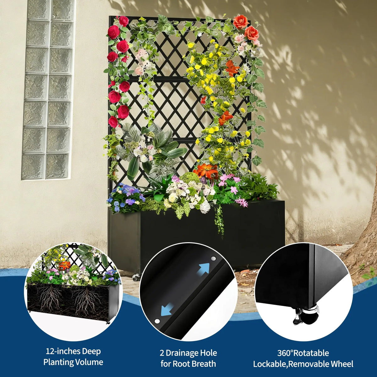 HiMISS Galvanized Steel Rolling Garden Planter With Privacy Trellis