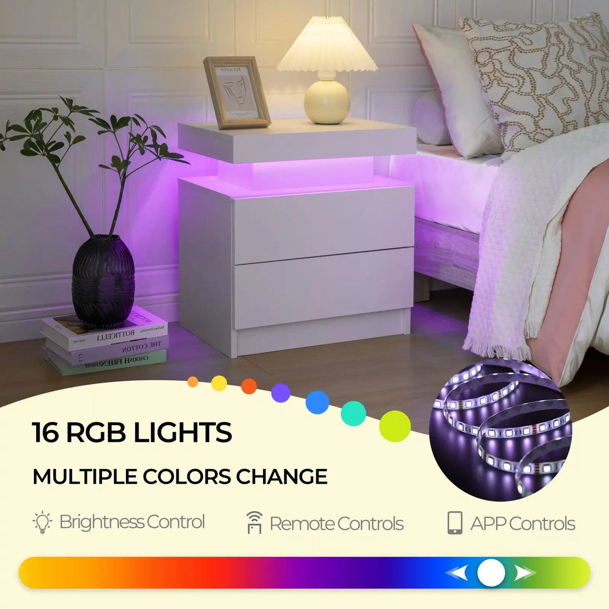 Cubehom LED Nightstands With Two Drawers And RGB Lights