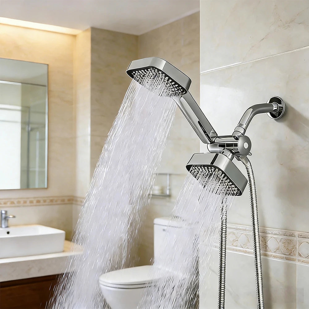 High-Flow Shower Head and Handheld Set With Long Hose Three-Way Distributor