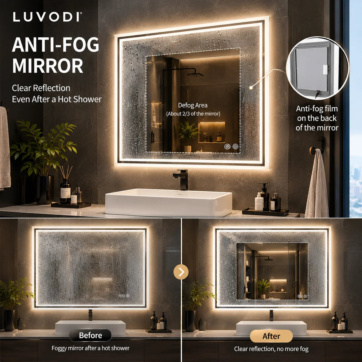 Luvodi Led Bathroom Mirror Frameless Touch Sensor Anti Fog Light