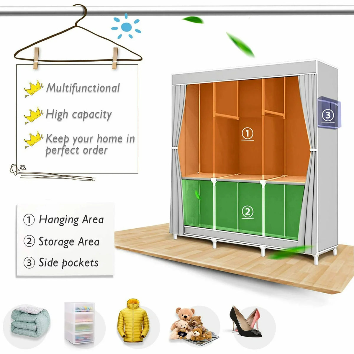Portable Wardrobe Organizer Storage Rack For Clothes And Shoes Nonwoven Fabric