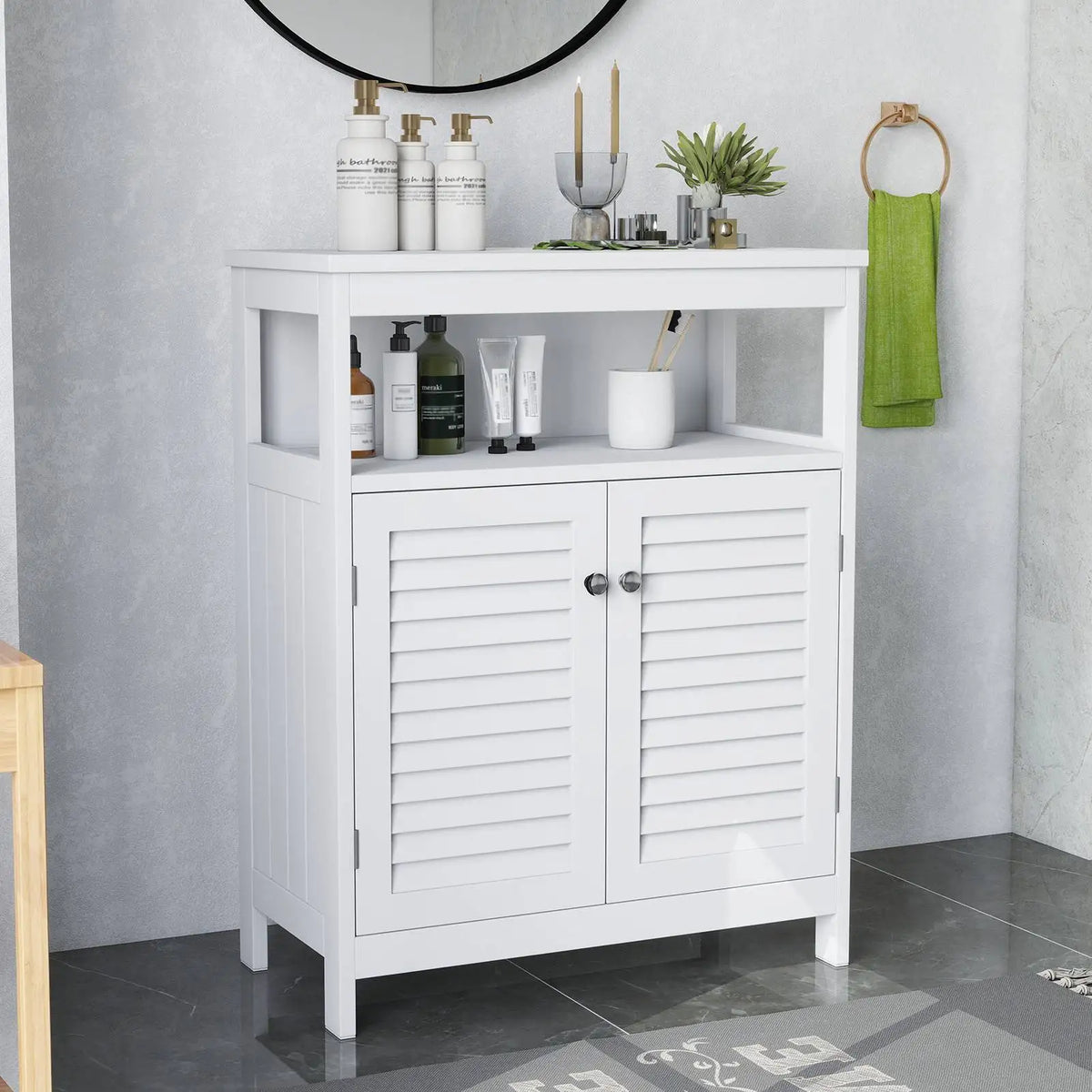 Modern Freestanding Bathroom Storage Cabinet With Wood Shutter Doors