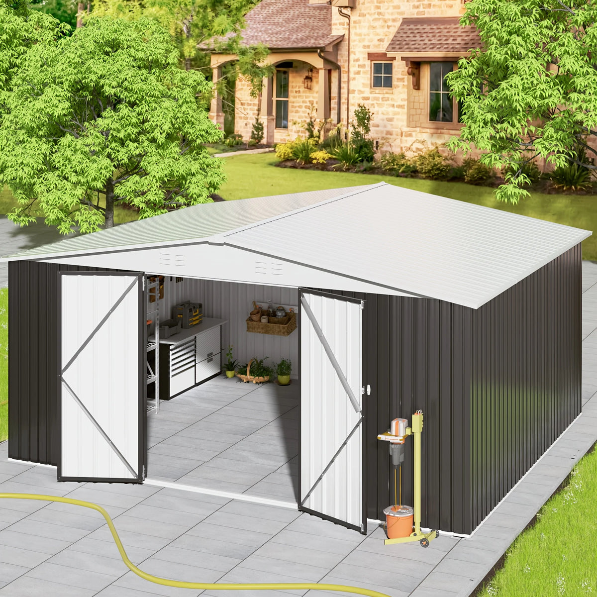 10x12/12x14FT Galvanized Steel Storage Shed Heavy Duty Lockable Hasp Door Black/White Roof Garden Tool Shed for Backyard Patio