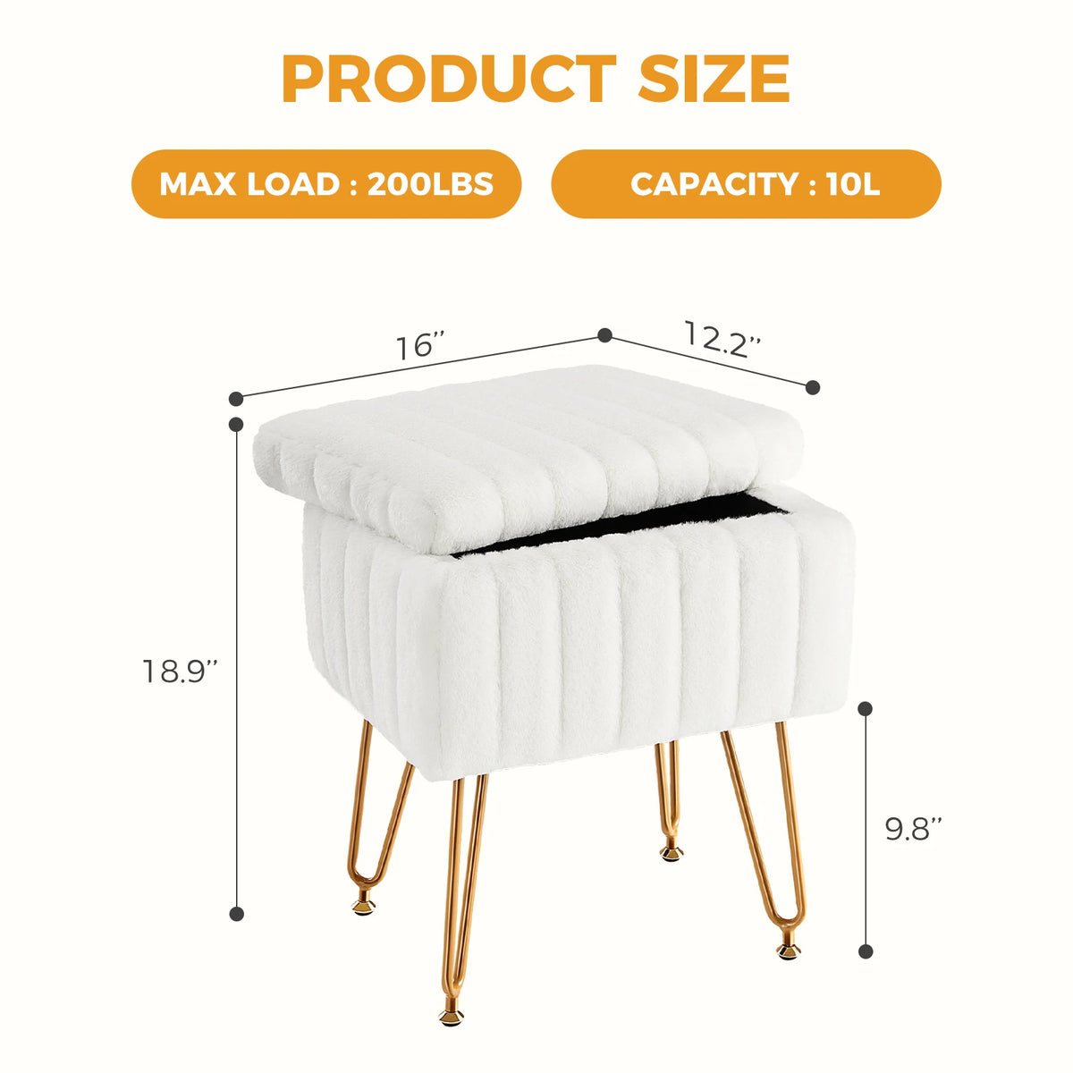 JHK Faux Fur Hidden Storage Ottoman Stool With Metal Legs