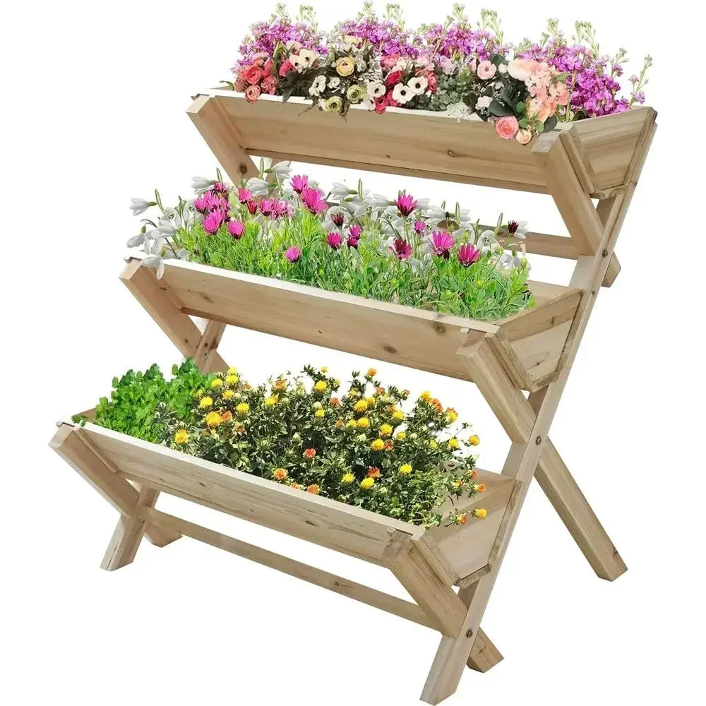 Three Tier Elevated Wooden Garden Planter Box For Outdoors