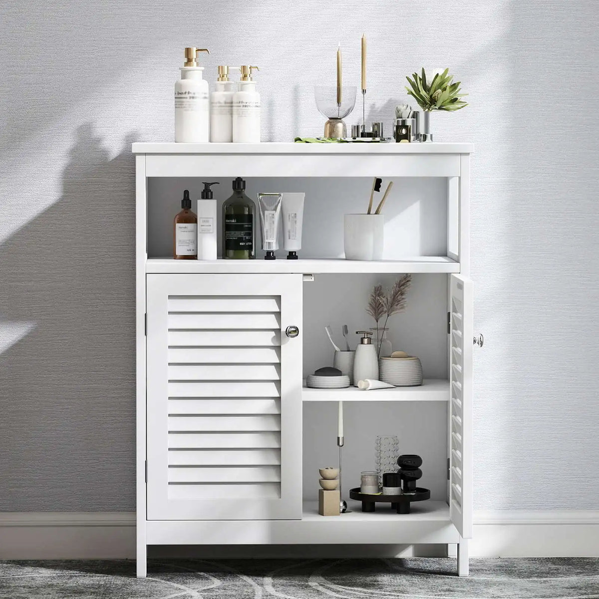 Modern Freestanding Bathroom Storage Cabinet With Wood Shutter Doors