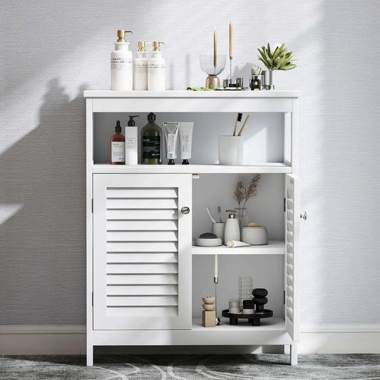Modern Freestanding Bathroom Storage Cabinet With Wood Shutter Doors