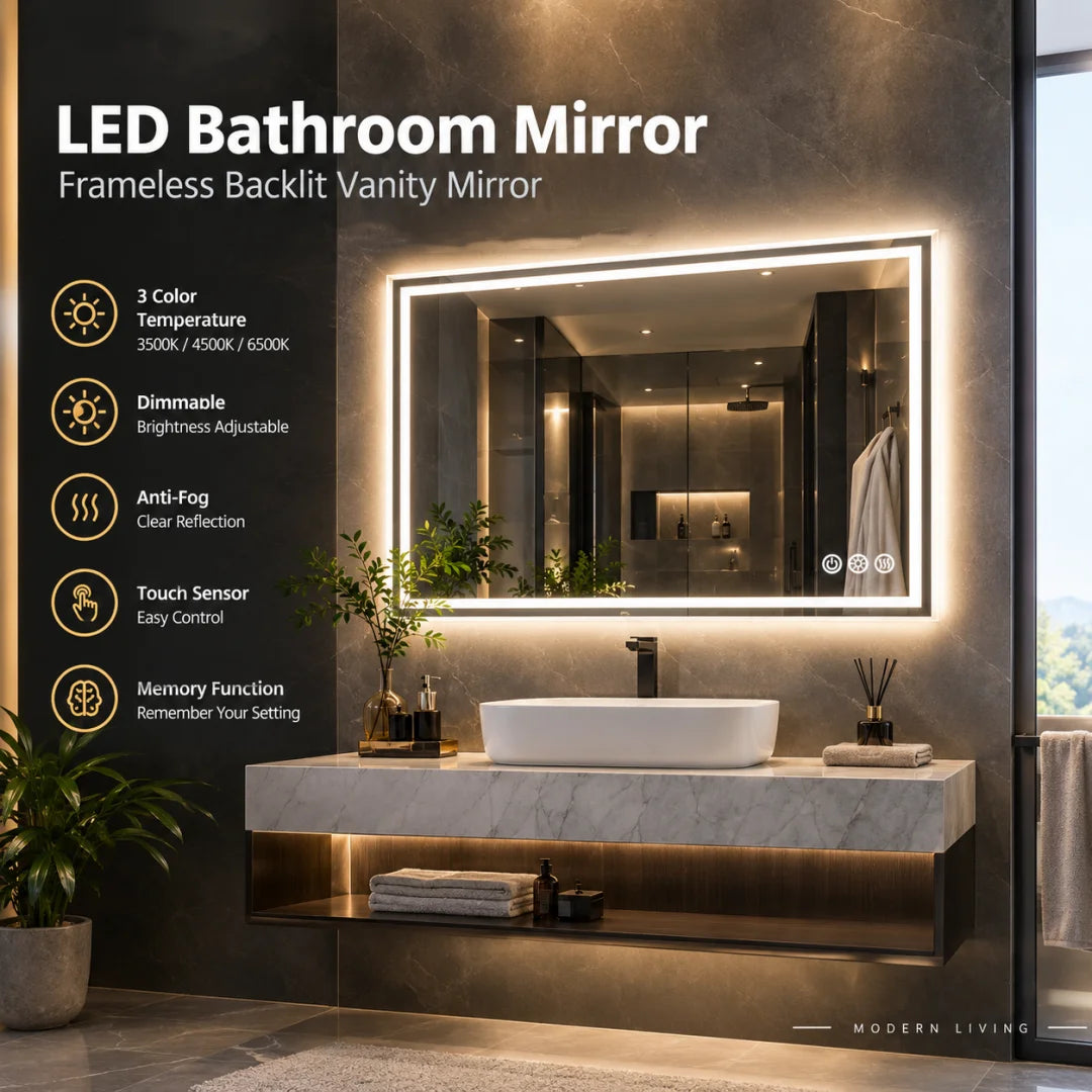 Luvodi Led Bathroom Mirror Frameless Touch Sensor Anti Fog Light
