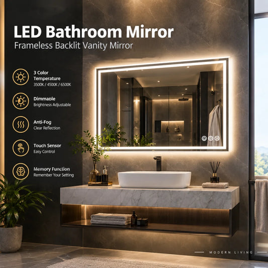 Luvodi Led Bathroom Mirror Frameless Touch Sensor Anti Fog Light