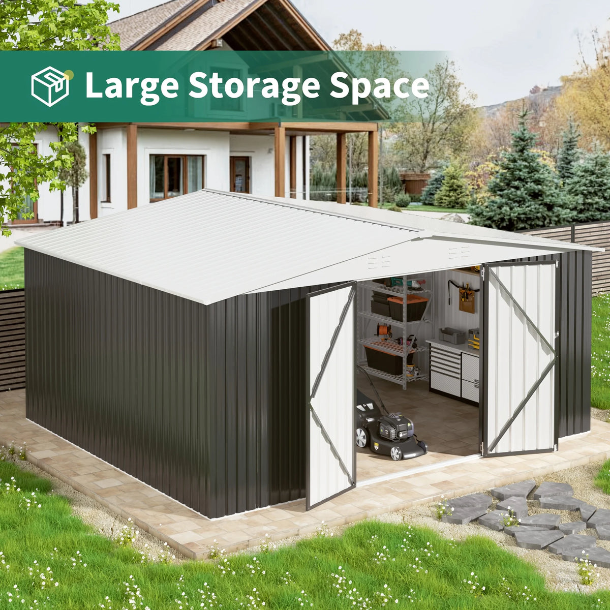 10x12/12x14FT Galvanized Steel Storage Shed Heavy Duty Lockable Hasp Door Black/White Roof Garden Tool Shed for Backyard Patio