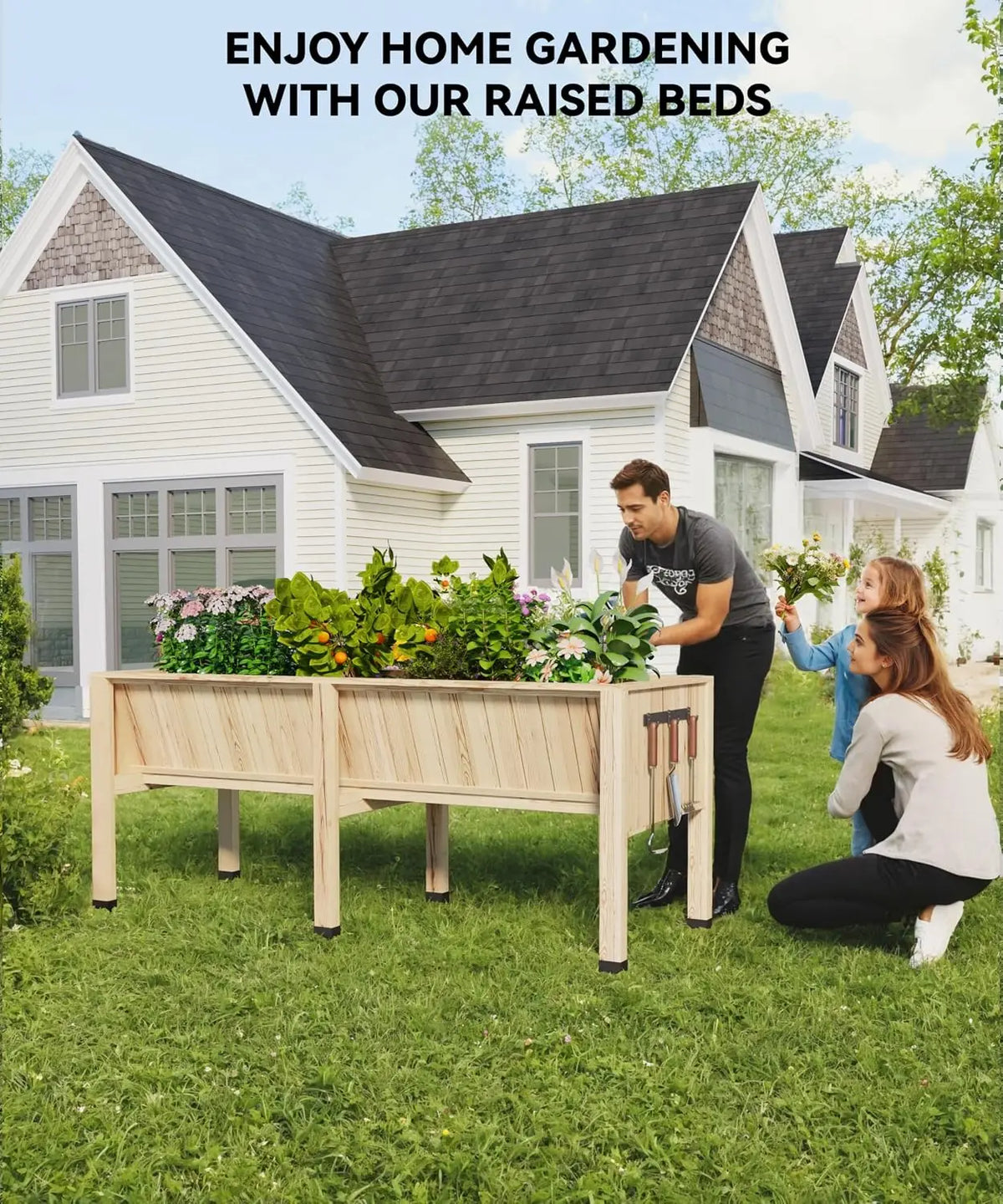 WPC Square Raised Garden Bed With Hooks And Balcony Planters