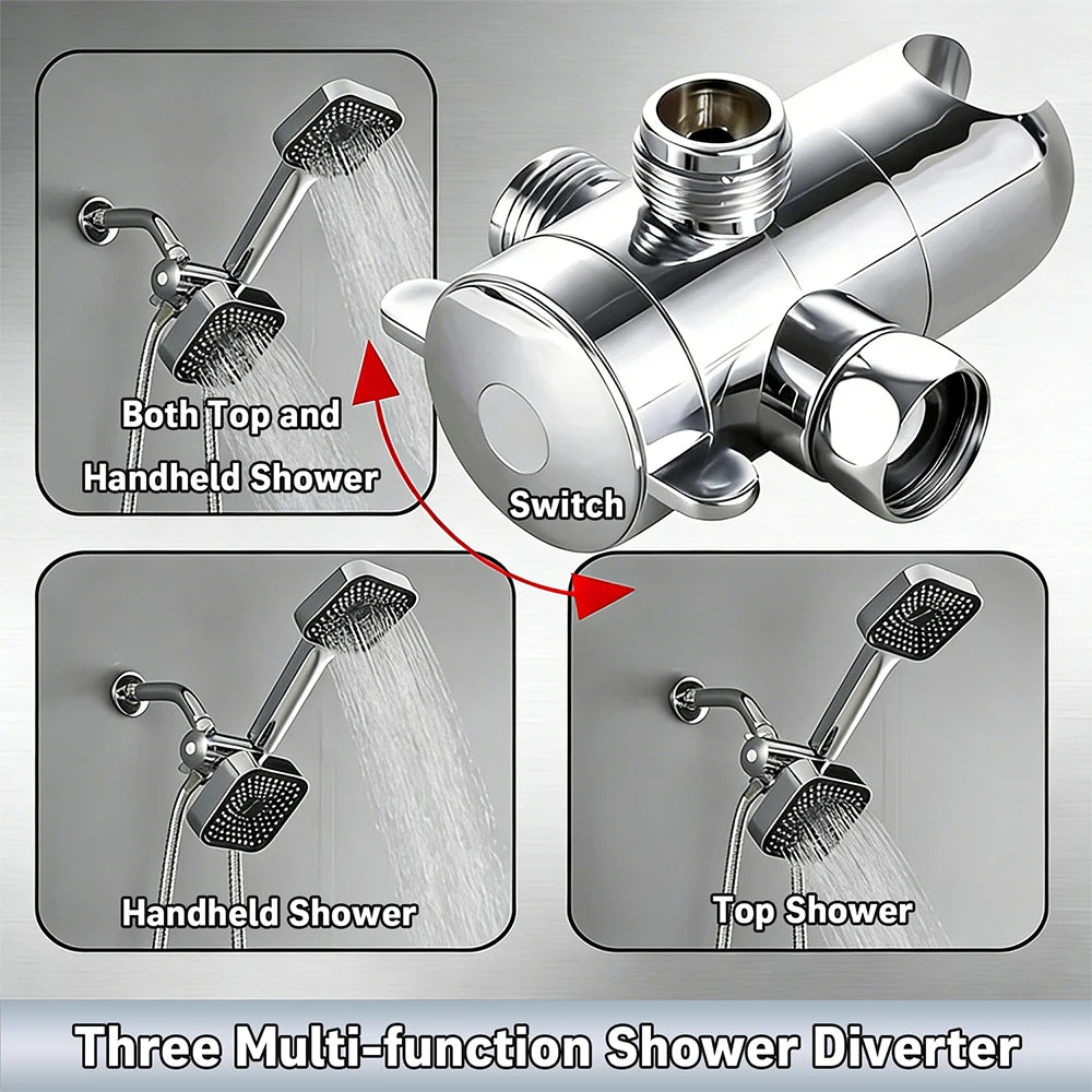 High-Flow Shower Head and Handheld Set With Long Hose Three-Way Distributor