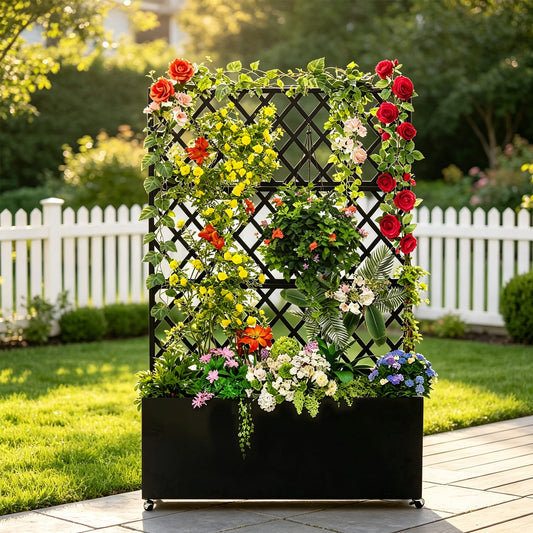 HiMISS Galvanized Steel Rolling Garden Planter With Privacy Trellis