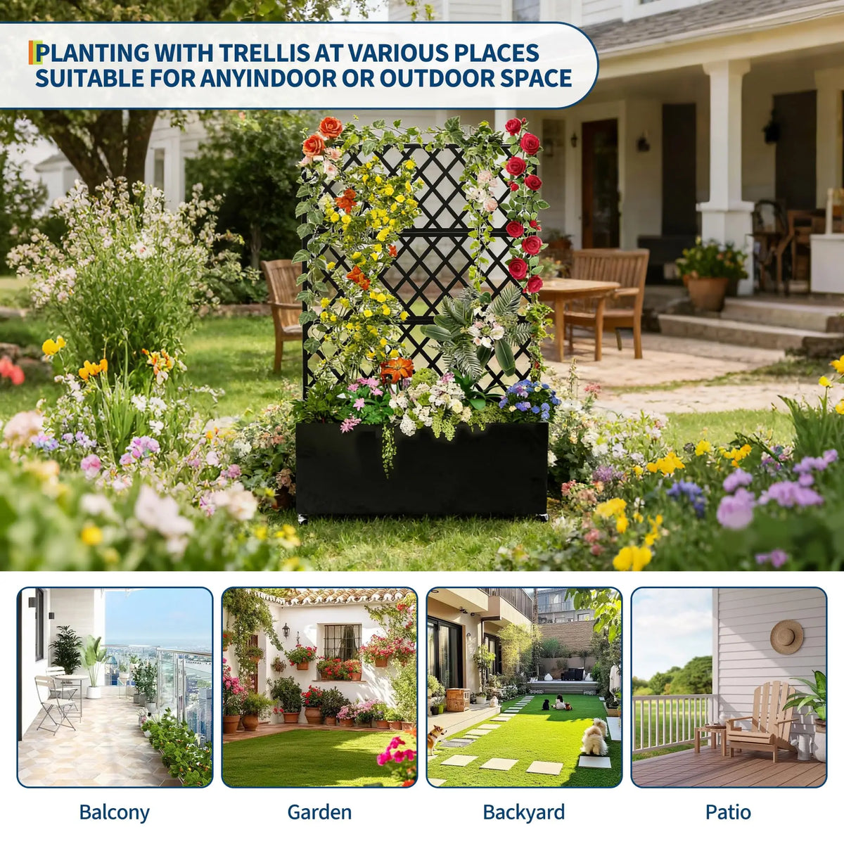 HiMISS Galvanized Steel Rolling Garden Planter With Privacy Trellis
