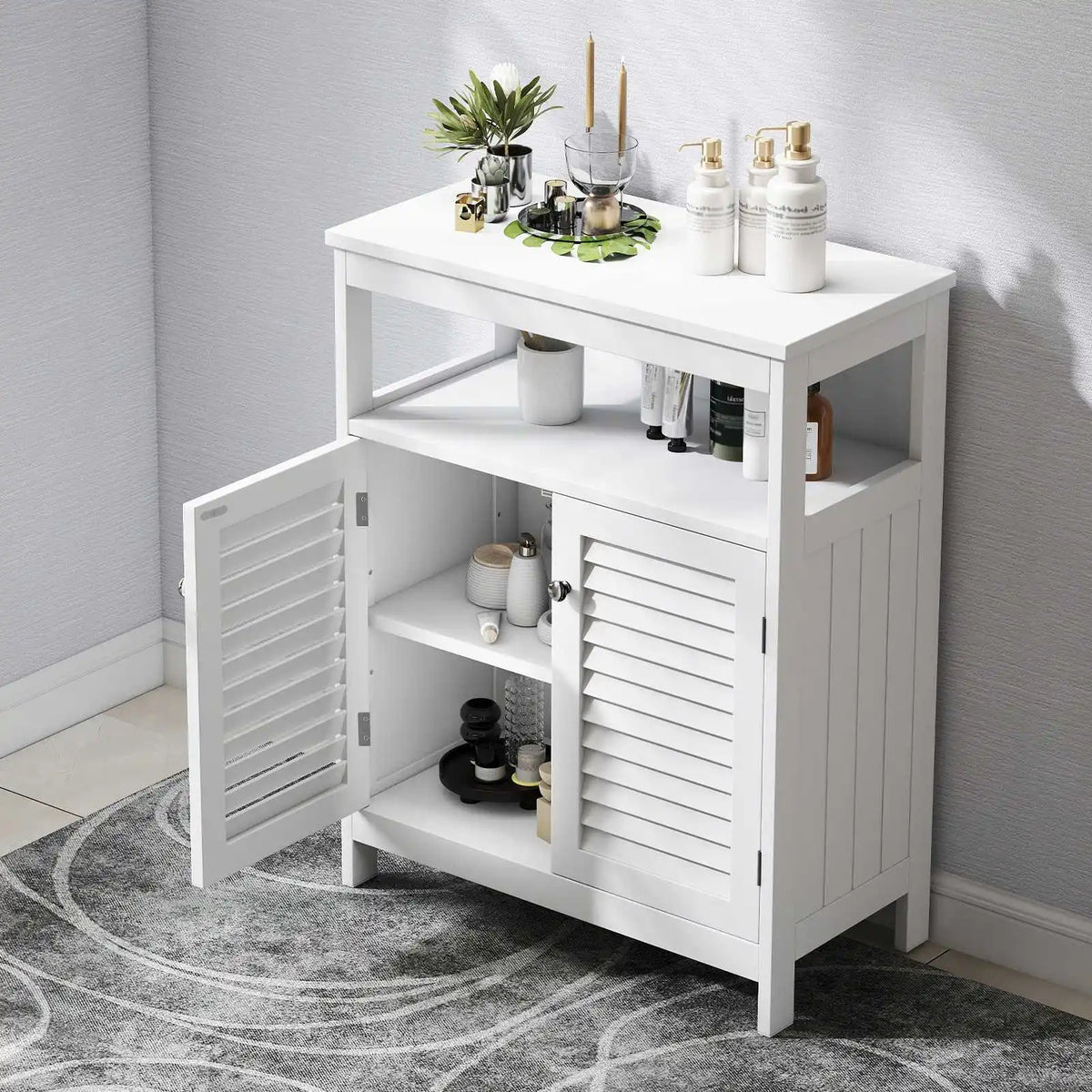 Modern Freestanding Bathroom Storage Cabinet With Wood Shutter Doors