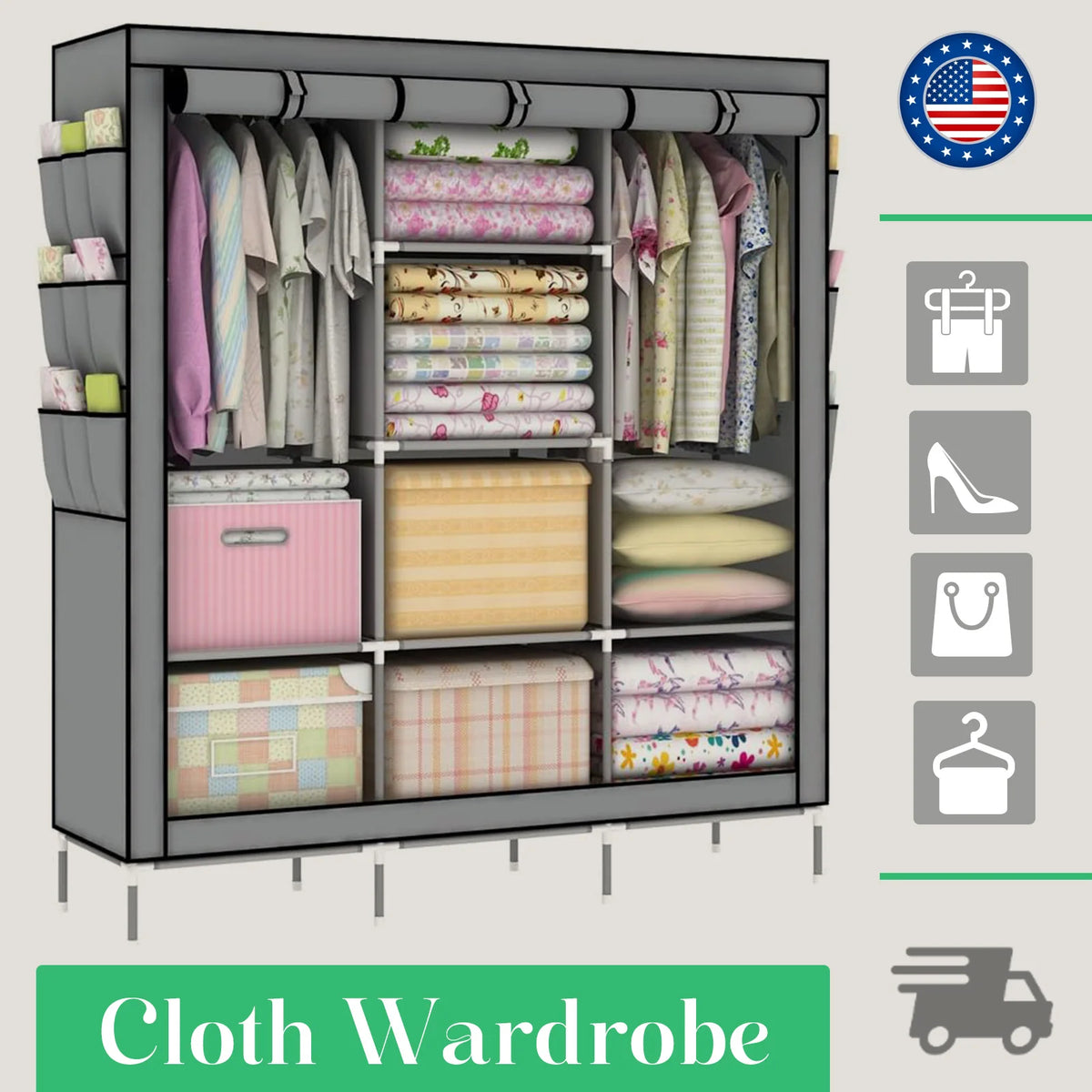 Portable Wardrobe Organizer Storage Rack For Clothes And Shoes Nonwoven Fabric