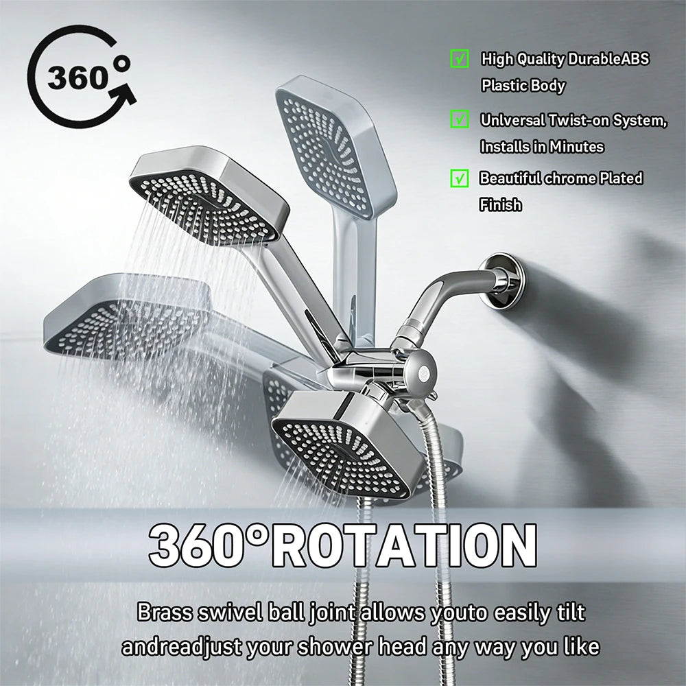 High-Flow Shower Head and Handheld Set With Long Hose Three-Way Distributor
